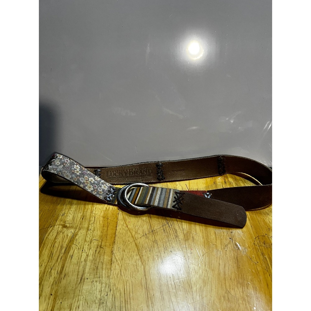 Lucky Brand M Patchwork Belt Brown Leather Floral Corduroy Boho D-Ring
